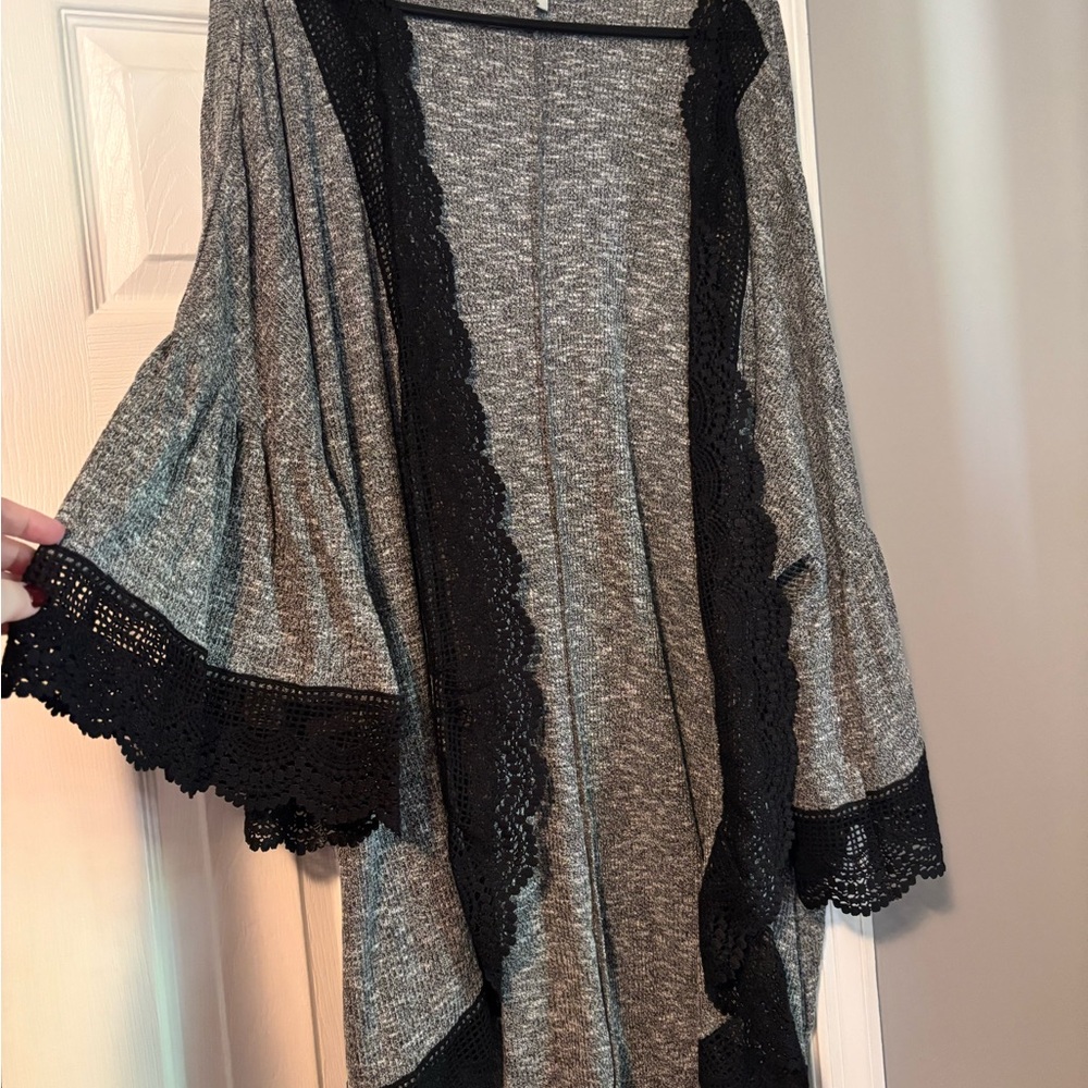 Cato Heather Gray Cardigan with Black Lace Detail